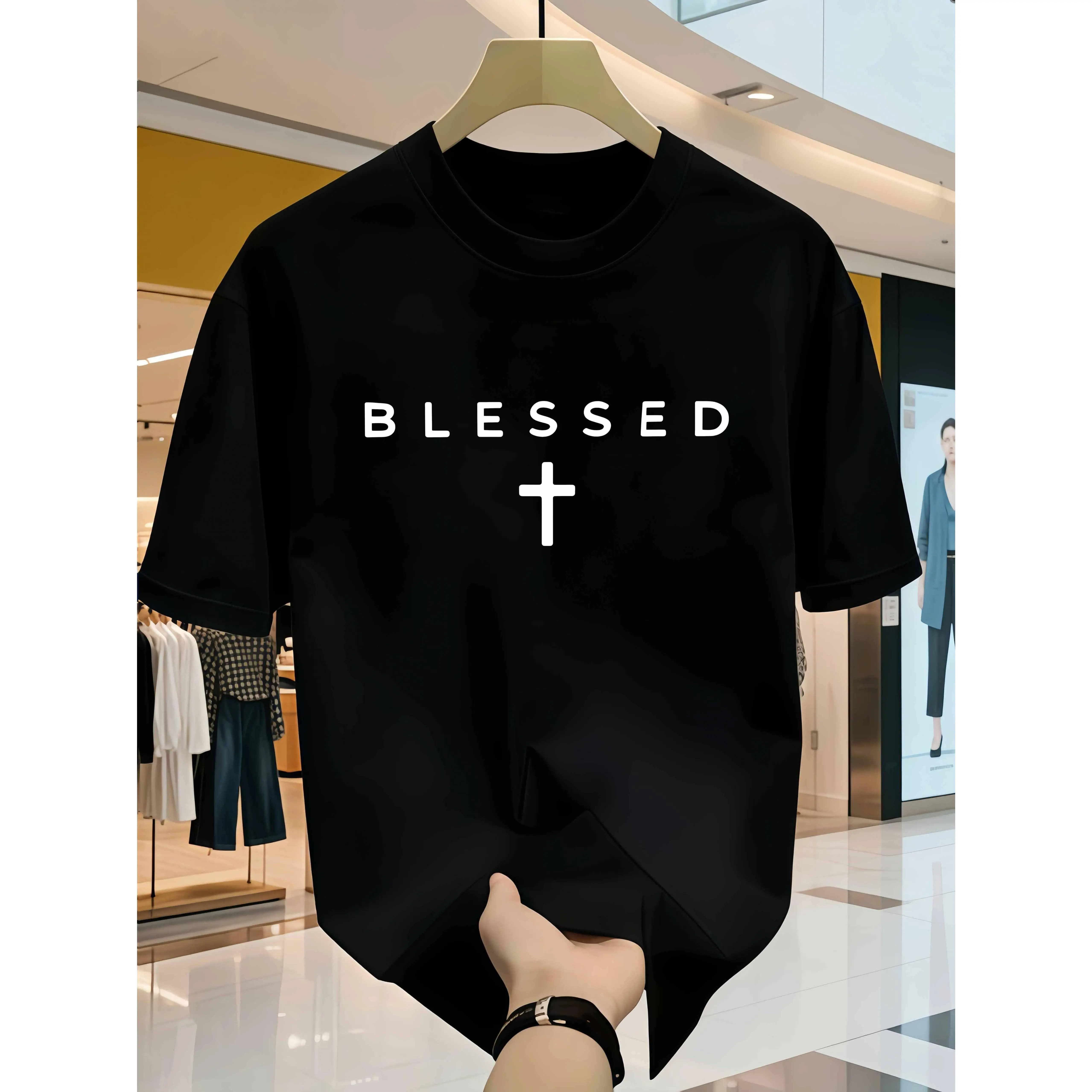 Men's Vintage 'Blessed' Faith Cross Graphic T-Shirt, Classic Relaxed Fit Short Sleeve Top in Soft 100% Cotton Fabric