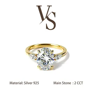 [Venus Jewelry] Synthetic Moissanite 2 CCT Oval Shape Triple Stone Design VVS 1 D Color Solid Silver 925 Solitare Ring