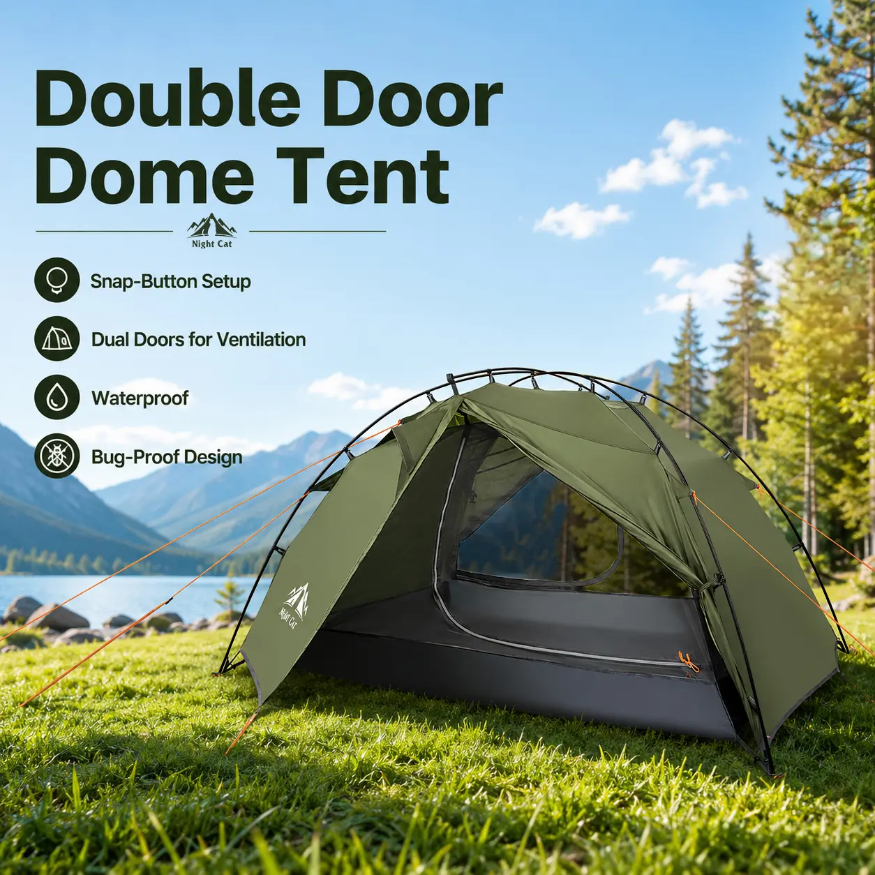Night Cat 2-Person Fast Setup Backpacking Tent - Lightweight Canopy, Waterproof Double-Layer Outdoor Tent, Foldable Pole, 2 Doors, Roomy Compact (7.2x4.6x4 ft; 7x4.4 ft) for Hiking, Camping, Waterproof Outdoor Tent,