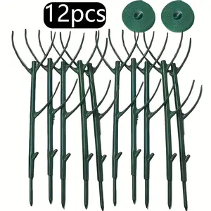 12pcs Stackable Plastic Plant Support Rings & Straps - Adjustable Fence Cages for Climbing Plants, Moss, Indoor/Outdoor Potted Plants - Durable Green Plant Stakes for Healthy Growth & Organization, Plant Stakes for Outdoor Plants, Climbing Plant Stakes, S