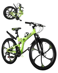 【FathersDayGift】VEVOR 26 inch Folding Mountain Bike, MTB Bicycle with Full Suspension, 21-speed Drivetrain, Comfort Saddle, Disc Brakes, High Carbon Steel Frame, Adult Sport Cycling Bicycle for Men Women Trail Snow