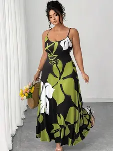 Plus Size Women's Army Green Boho Cami Dress with Spaghetti Straps & All Over Plant Print for Casual Office Wear - Fabric, Fit