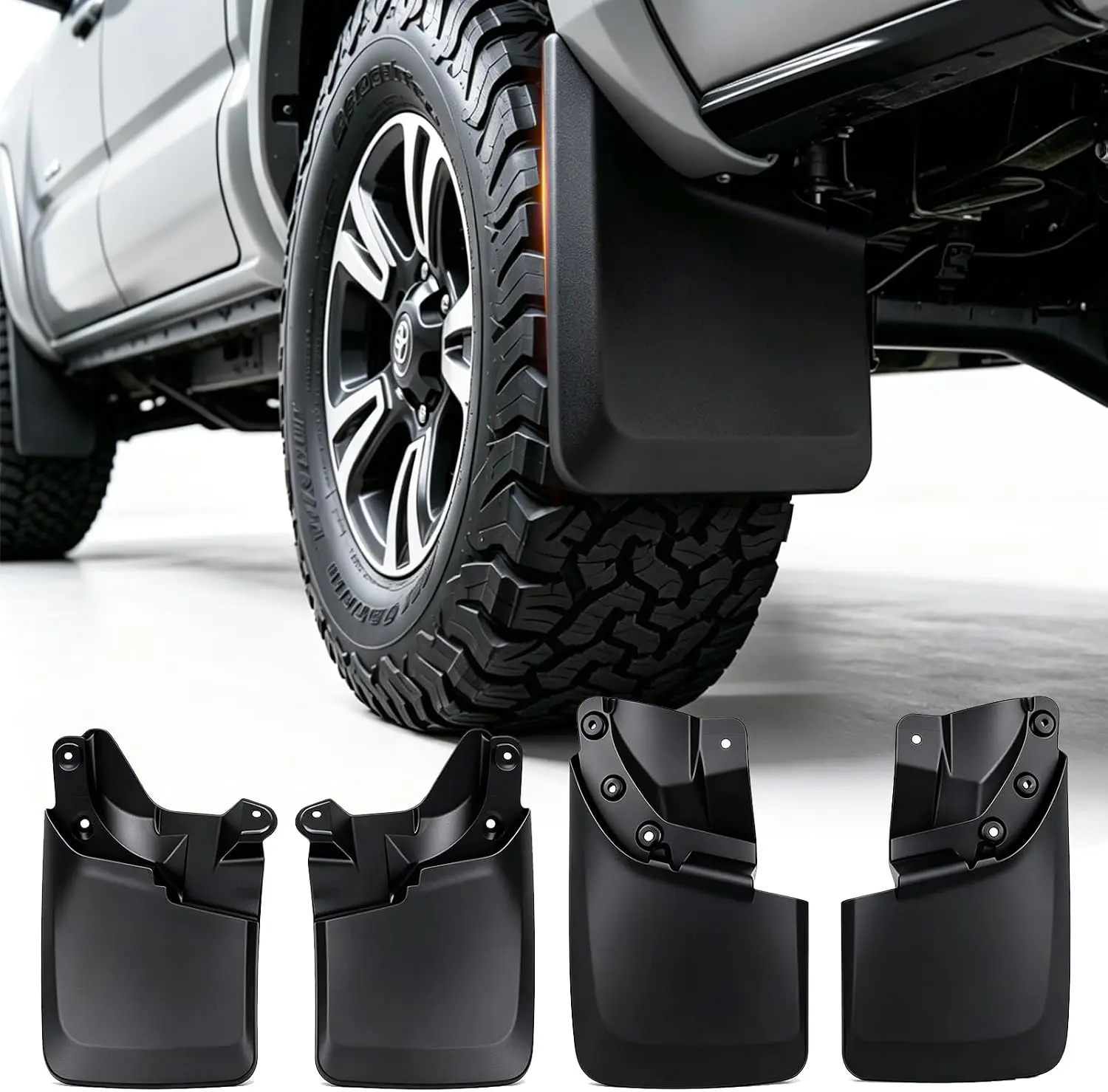 Mud Flaps Splash Guards for Toyota Tacoma 2016-2023, Front+Rear Debris-Deflecting Panels, Black TPO Plastic with TPE Hardware, OE Standards, IATF16949 Certified, All-Weather, No-Drilling, Complete Installation Kit Accessory