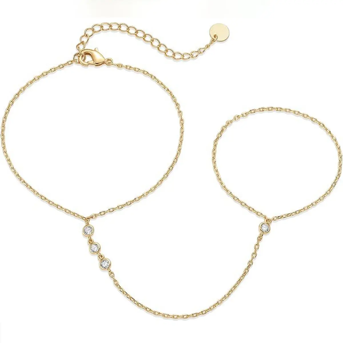14K gold-plated women's bracelet, exquisite cubic zirconia bracelet, slave bracelet, Hand Chain， Stackable ring and bracelet set.