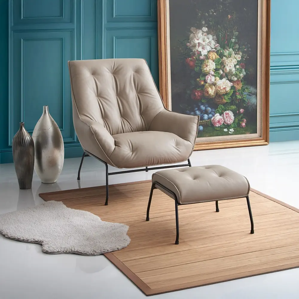 Acme AC02381 2-Pc Jabel Khaki Top Grain Leather Tufted Accent Chair & Ottoman Set - Stable Sleek Metal Frame, Tufted Seat, Luxurious Feel, Some Assembly Required, for Modern Home Decor