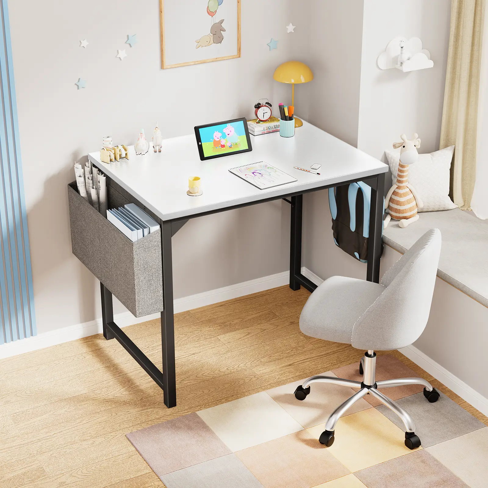 【Deal】SweetFurniture Small Computer Desk Home Office Desks Small Space Desk Study Table Modern Simple Style Table with Storage Bag and Iron Hook Bedro