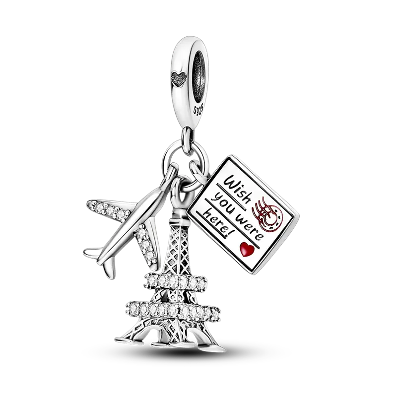 MULA Charm for Female, 925 Silver Plated Dangle, Paris City Souvenir with Eiffel Tower & Postcard, Fits Pandora Bracelets, Adventure Time