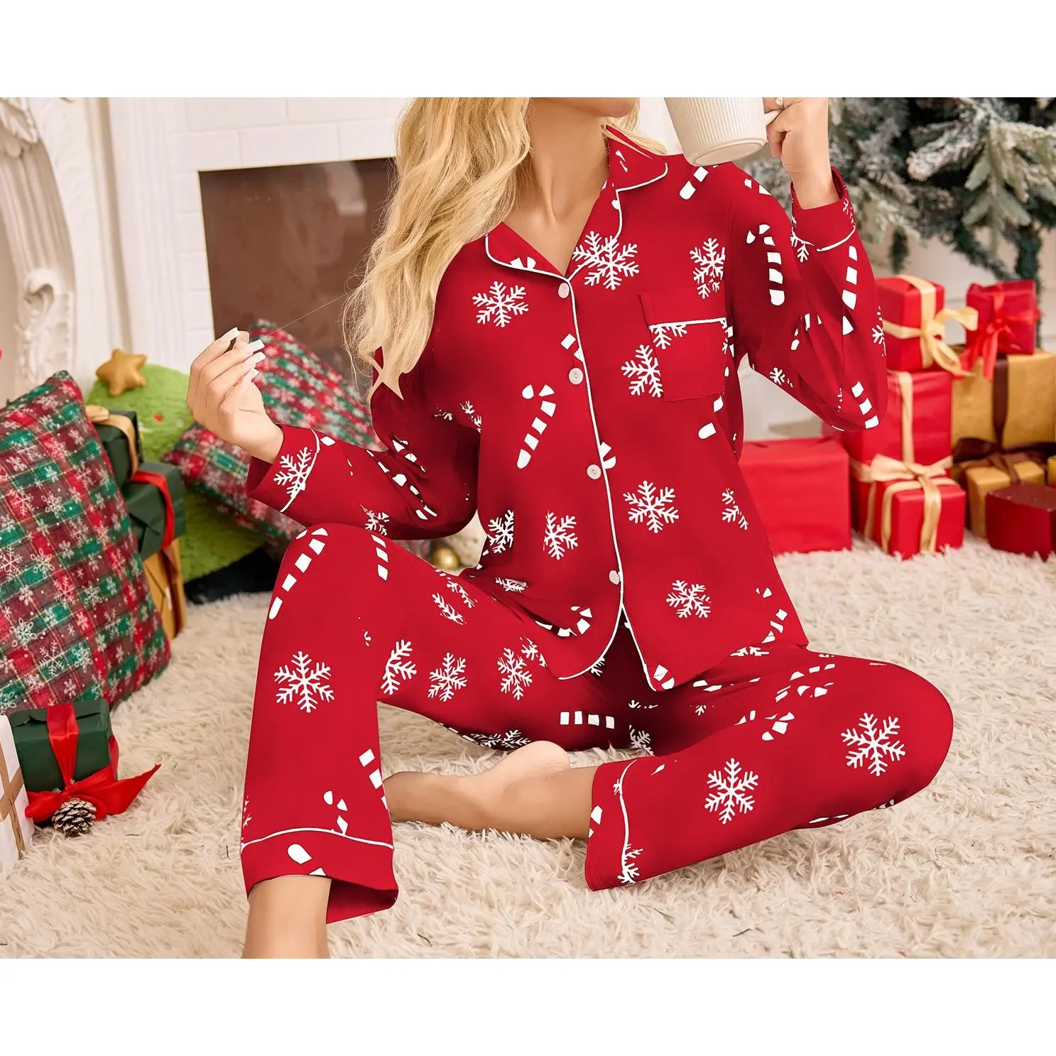 Lady's 2-Piece Pajama Set, Cardigan Style with Snowflake & Candy Graphic Print, Long Sleeve Soft Fabric Holiday Loungewear, Versatile Casual Nightwear, Christmas Fits Elegance