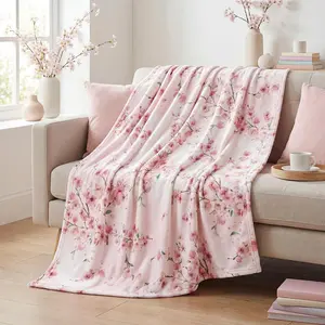 Spring Summer Flannel Blanket Throw, Pink Cherry Blossom Watercolor Flowers Soft Fuzzy Plush Cozy Fleece Blankets for Couch Sofa Bed Lounging, Ideal Gifts for Kids Adults Self