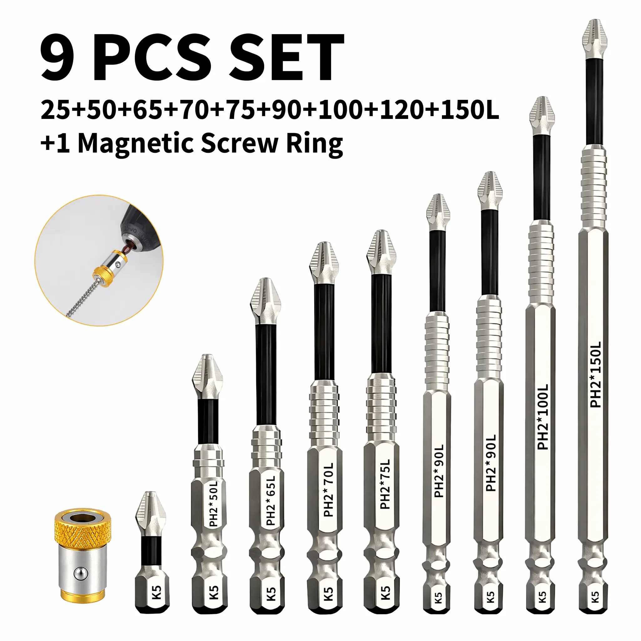 PH2 Magnetic Screwdriver Power Bit Set 9-Piece (25–150mm)  + Magnetic Screw Ring – Electric Drill for Home & Professional Repair, k5 drillbit, excavator tools, high  Magnetic screwdriver bit.Drill Bits,Magnetic Screw Ring