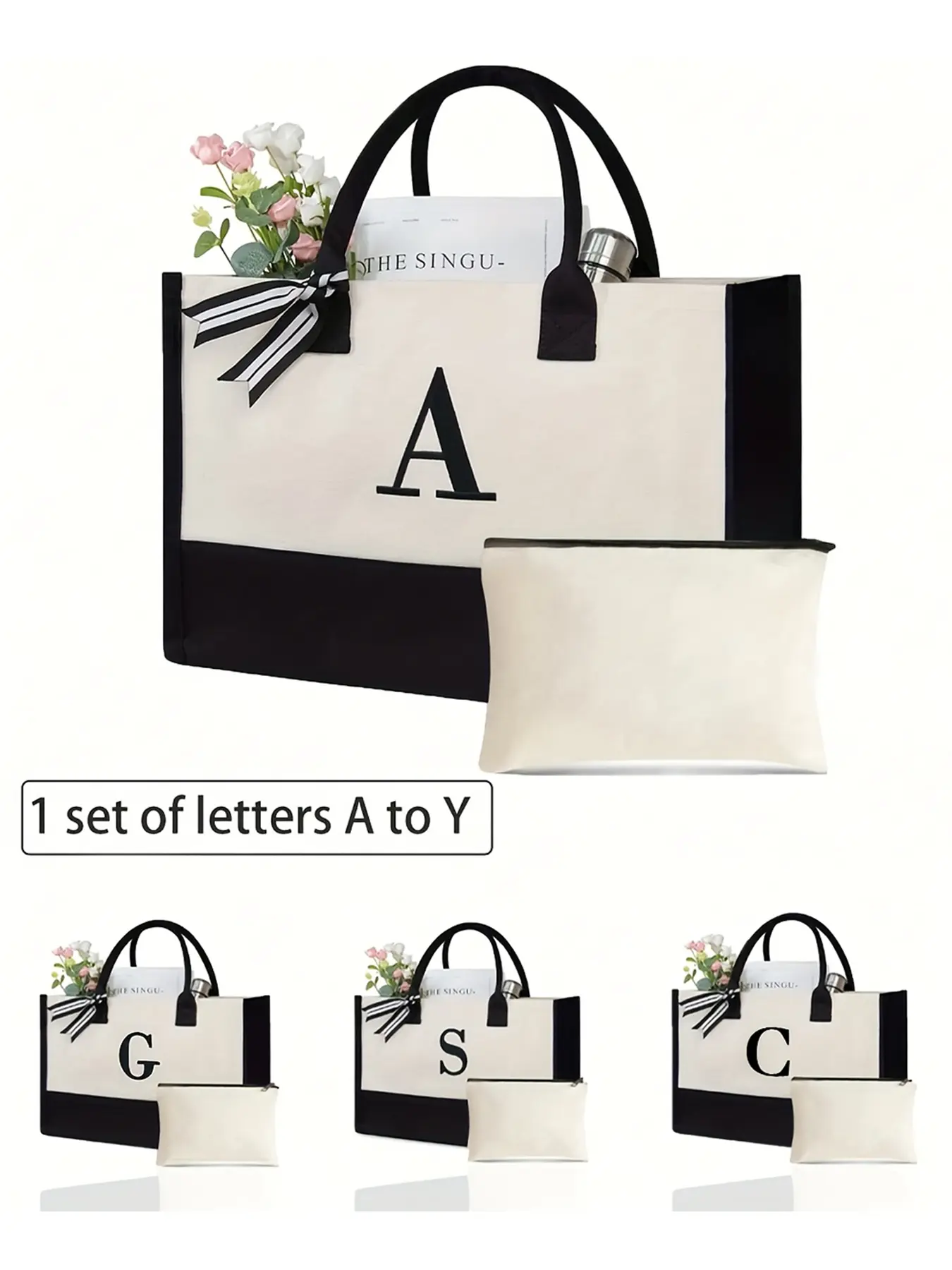 Initials canvas tote bag with bonus makeup storage bag, Letters Print Bags, Carrying bag for weddings, birthdays, festivals, gifts for women, moms, friends, new design, large capacity, ideal for shopping, Letter Printed Bag, Fashionable Tote Bag