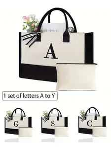 Initials canvas tote bag with bonus makeup storage bag for weddings, birthdays, beaches, festivals, great gifts for women, moms, teachers, friends, students, multi-function shopping bag, new design, large capacity, ideal for shopping