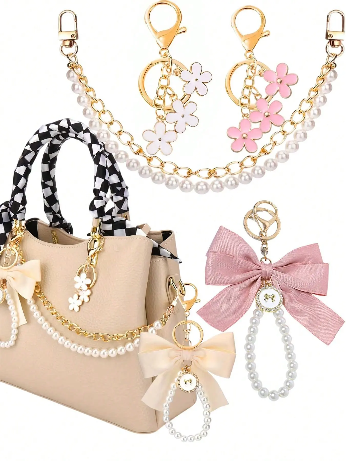 Sweet-Style Girly Bag Charm Set: Pearl Chain With Flower/Bow Decor, Bag Strap Extender Or Accessory, Suitable For Handbags, Delicate And Cute Style, A Bag Accessory For Work Or Dates, Purse Accessories, Charms for Purses, Fashion Bag Charms