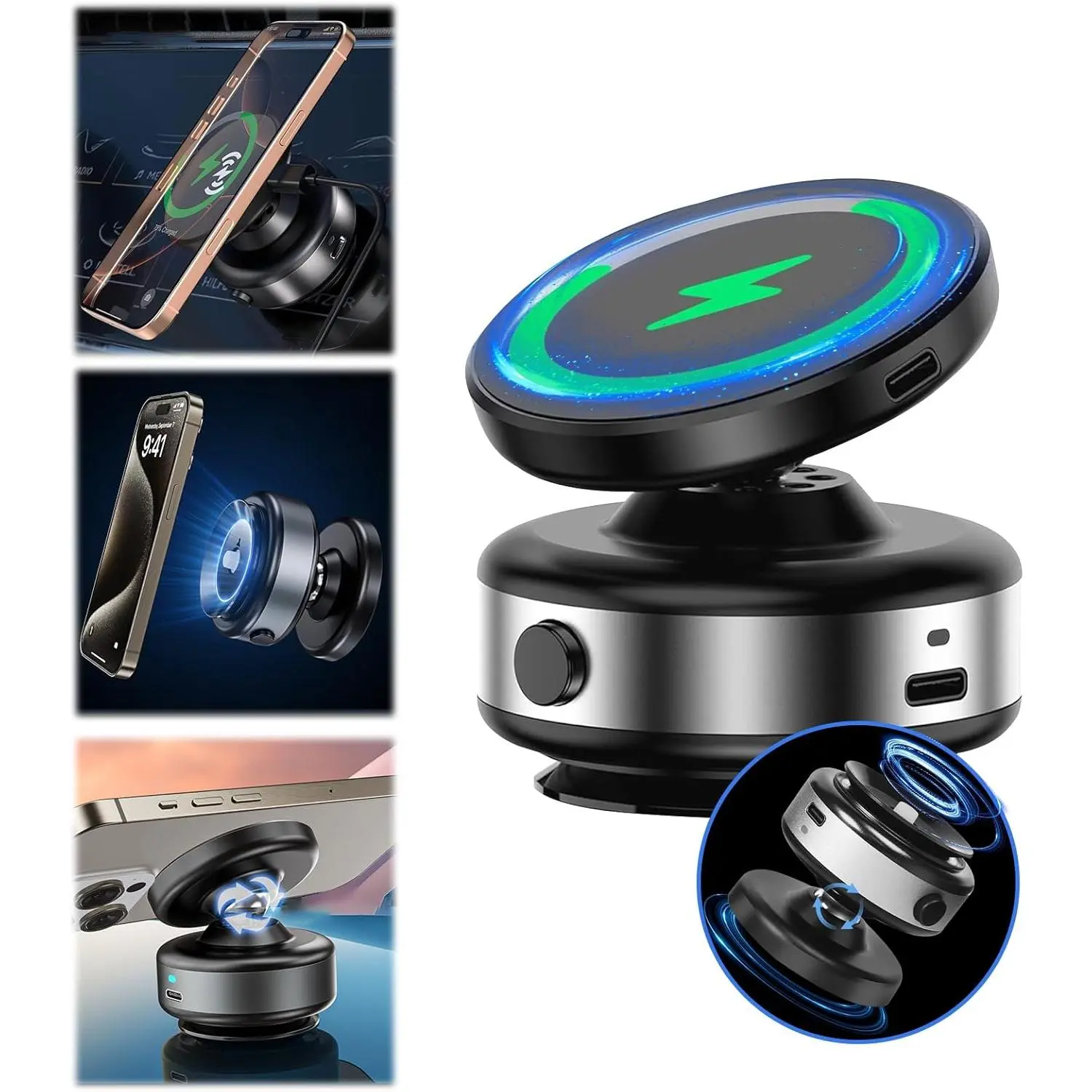 Nixie Phone Holder 360° Adjustable Electric Vacuum Magnetic Suction Cup Phone Mount,15W Wireless Charger Car Magnetic Phone Mount,Hands-Free Magnetic Cell Phone Holder for MagSafe iPhone