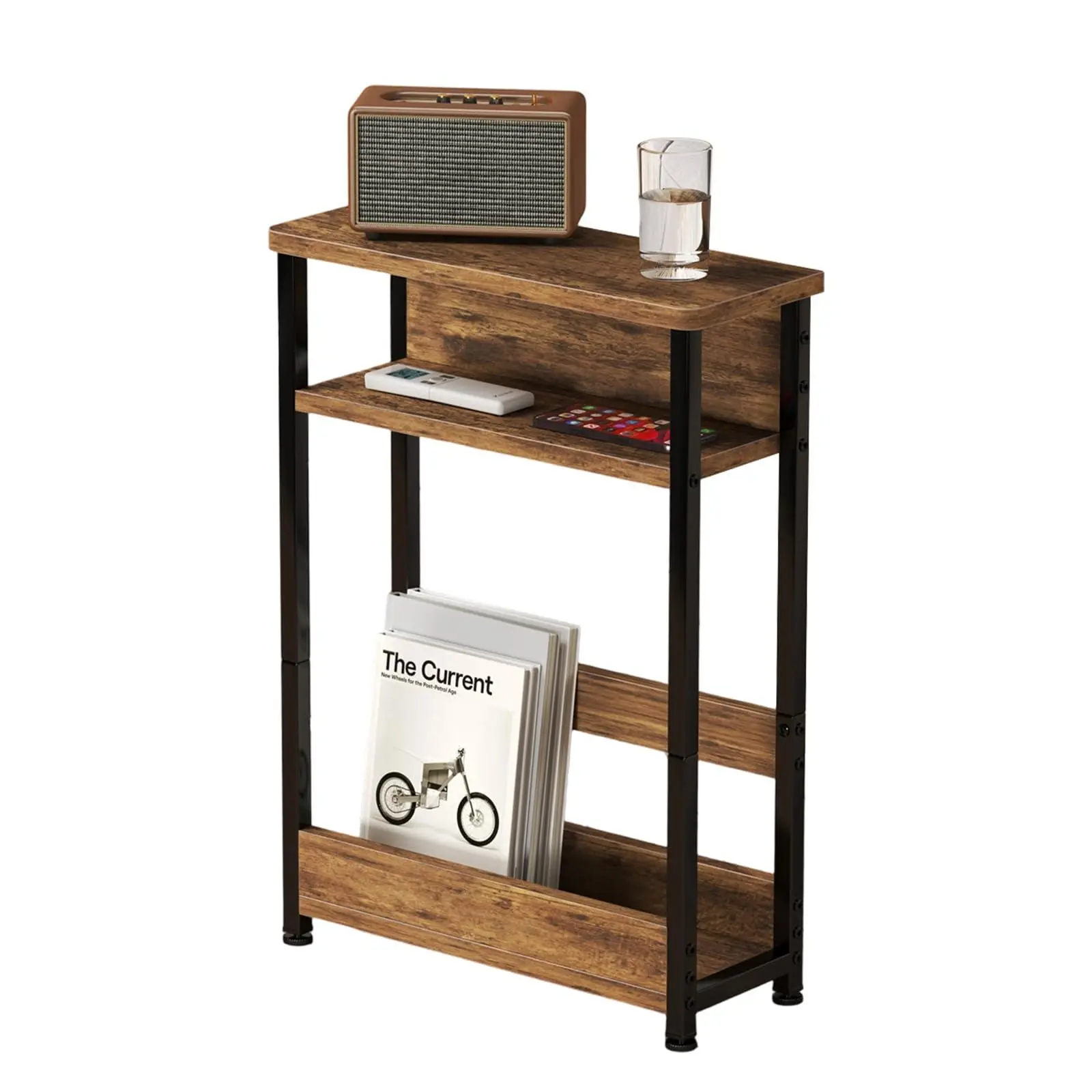GARVEE Narrow Side Table with Storage Shelf, 3-Tier Slim End Table with Magazine Holder, Modern Thin Side Tables for Couch or Small Spaces, Skinny Nightstand for Living Room or Bedroom Brown