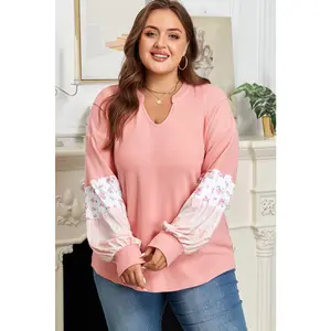 Pink Floral Sleeve Patchwork Waffle Knit Notched crewneck V Neck Plus Size Top top christmas gift holiday crewneck sweatshirt hoodie versatile blouse
