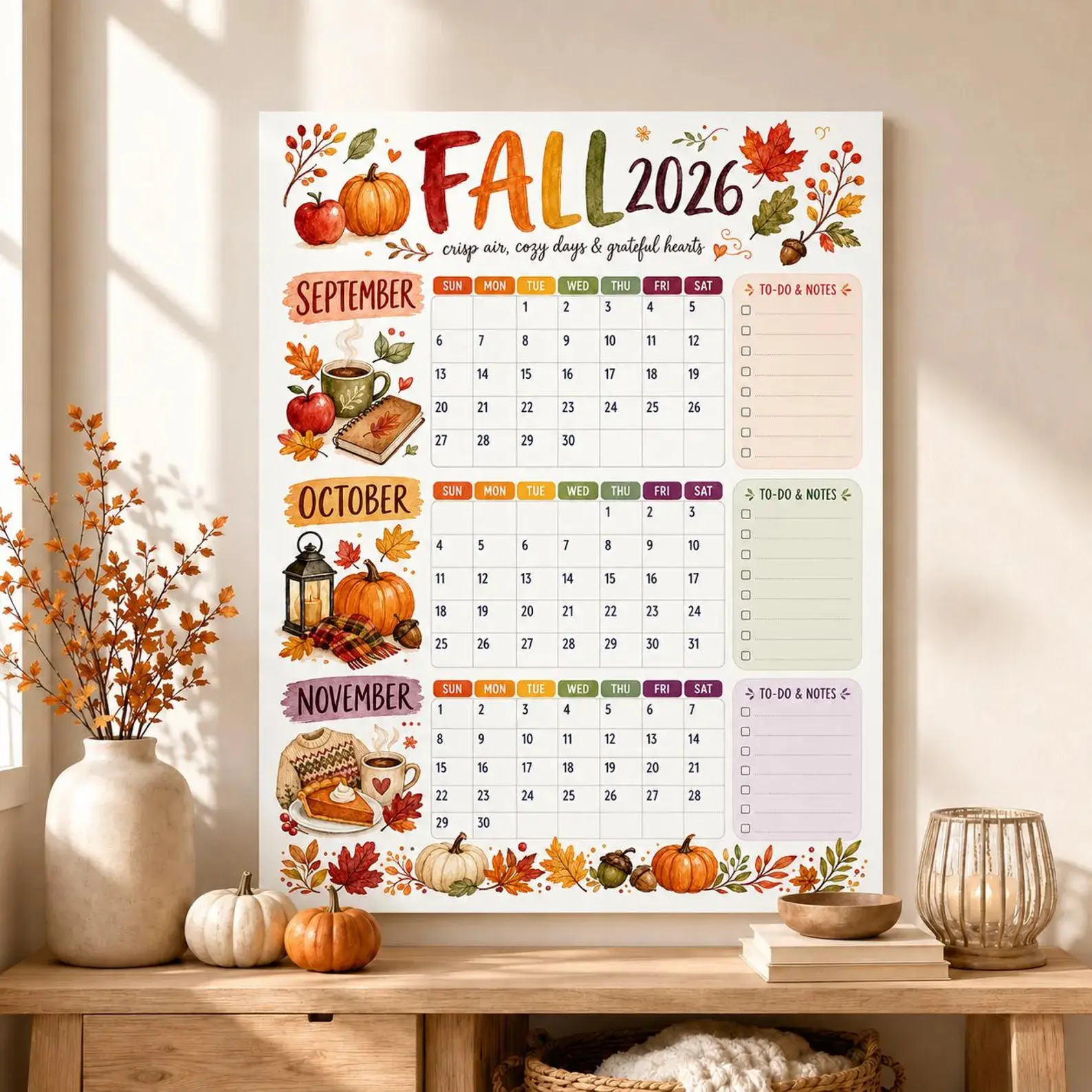 Fall 2026 Watercolor Calendar Poster, September-November Wall Planner Poster