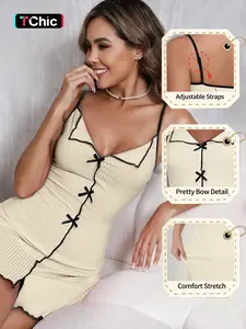 Women's Solid Ribbed Cami Nightdress, Casual Comfy Tie Shoulder Sleeveless Nightgown for Summer, Ladies Sleepwear for Indoor Wear, Cami Nightdress Pyjama