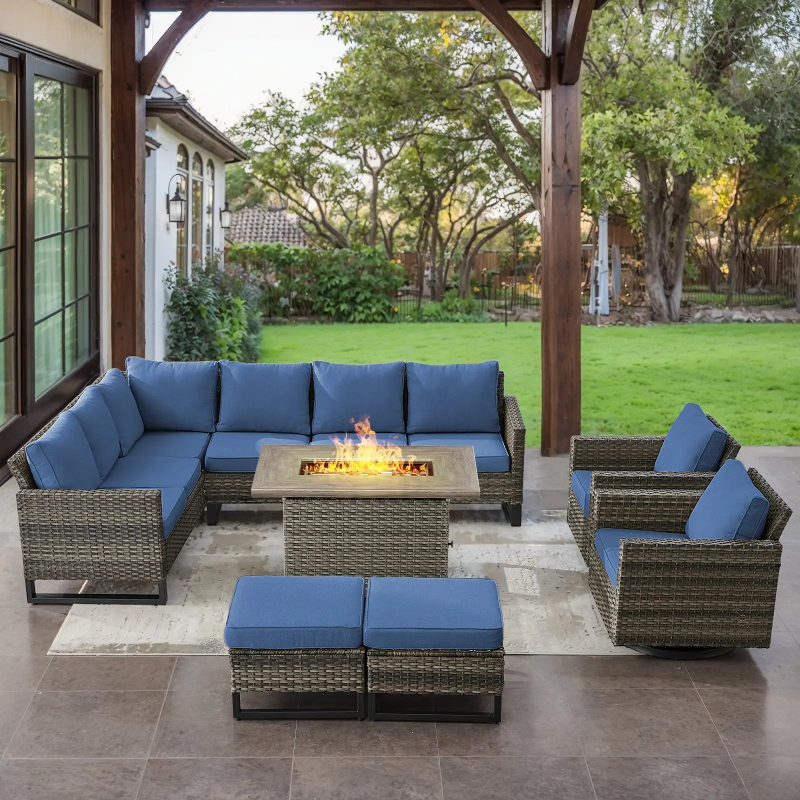 【6 Packages Shipping】11-Piece Patio Set with 41" Propane Fire Pit Table 55,000 BTU, GRS Series