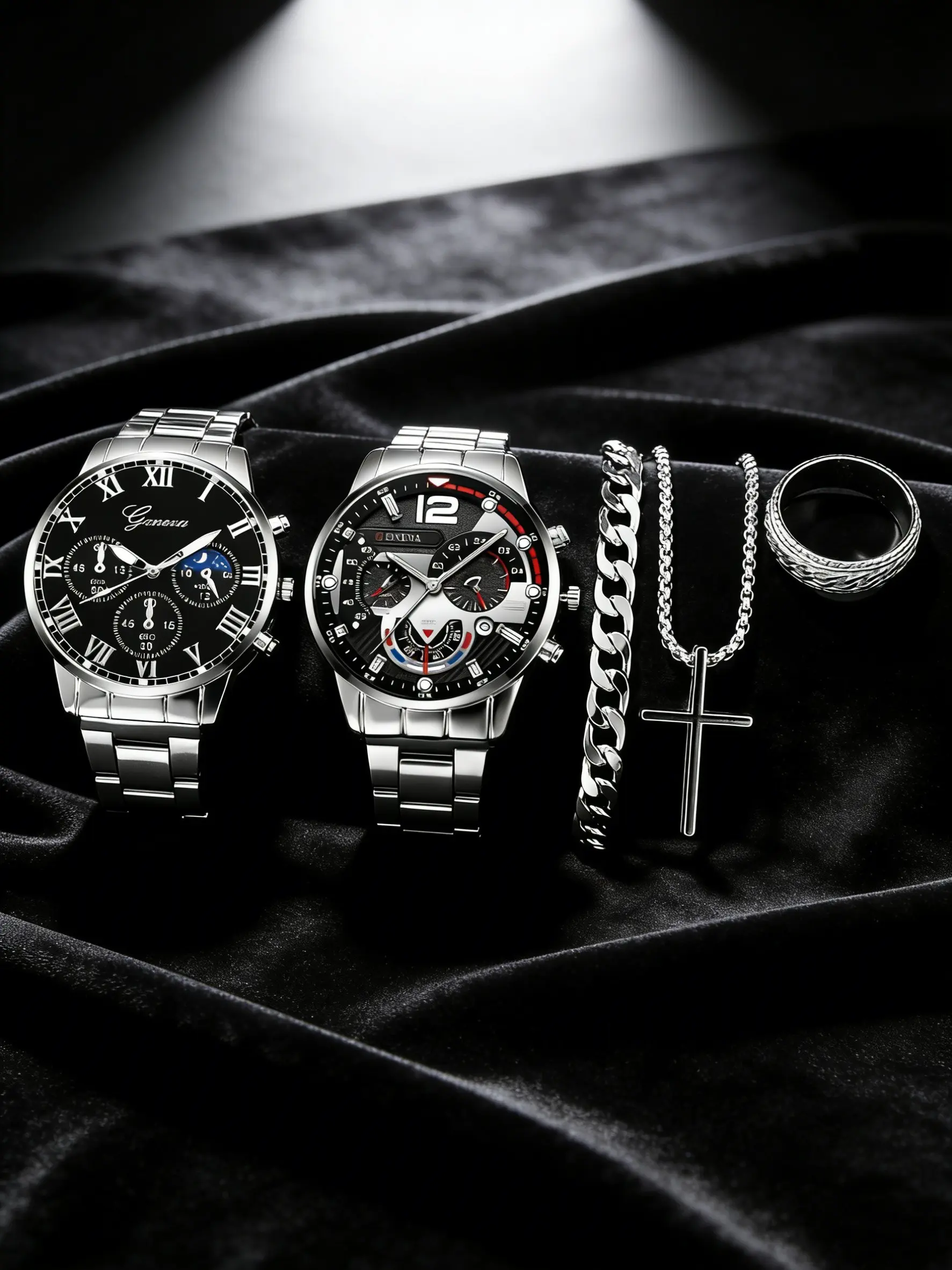 Men's Luxury Quartz Wristwatch Set, 5-Piece Bundle with 2 Watches, Necklace, Bracelet, Ring, Stainless Steel Band, Business Casual Style