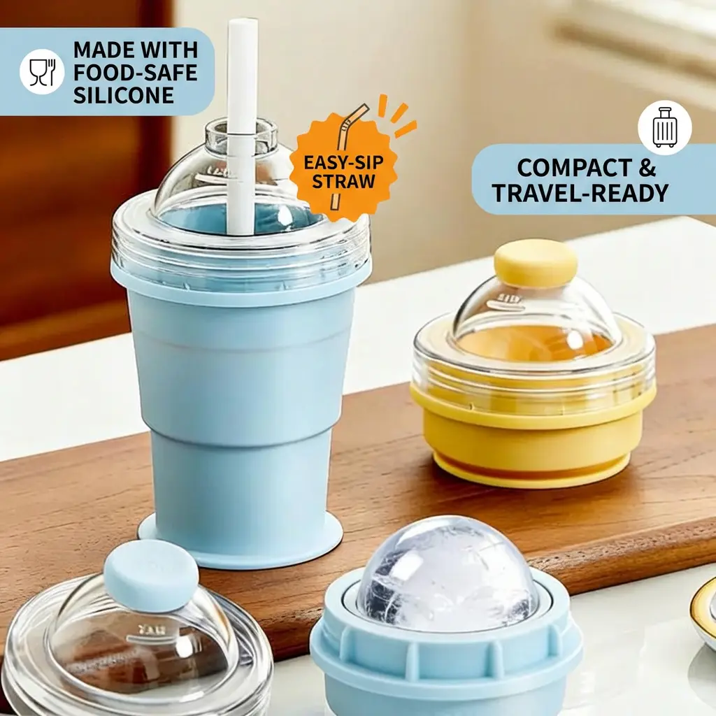 Vaso plegable con molde de hielo grande, silicona grado alimenticio, vaso con popote 2 en 1