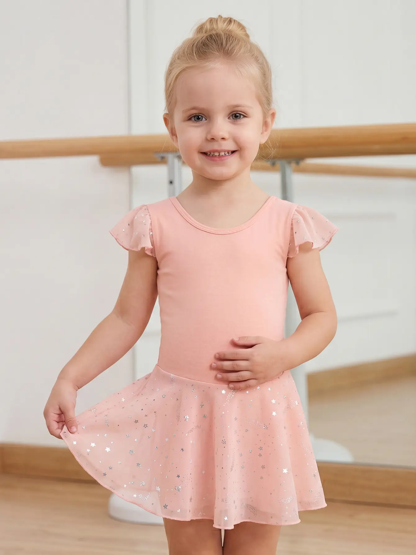 Girls' Toddler Ballet Leotard Tutu Dress - Ruffle Sleeves, Back Bow, Star Glitter, Above Knee - Sizes 2-3t, 4-5t, 6-8y, 8-10y, All Seasons, Ballet Classes