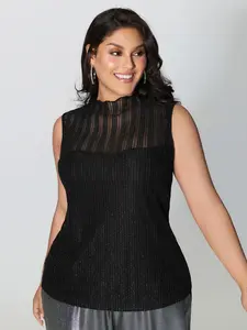 BLOOMCHIC Women's Plus Size Fitted Lurex Sheer Mock Neck Lined Tank Top - Nylon Spandex High Stretch Black Bodycon Sleeveless Lady Garment, Party-Friendly Fabric, Arm Freedom, Women's Plus Size Clothing, 2026 Summer Vibes