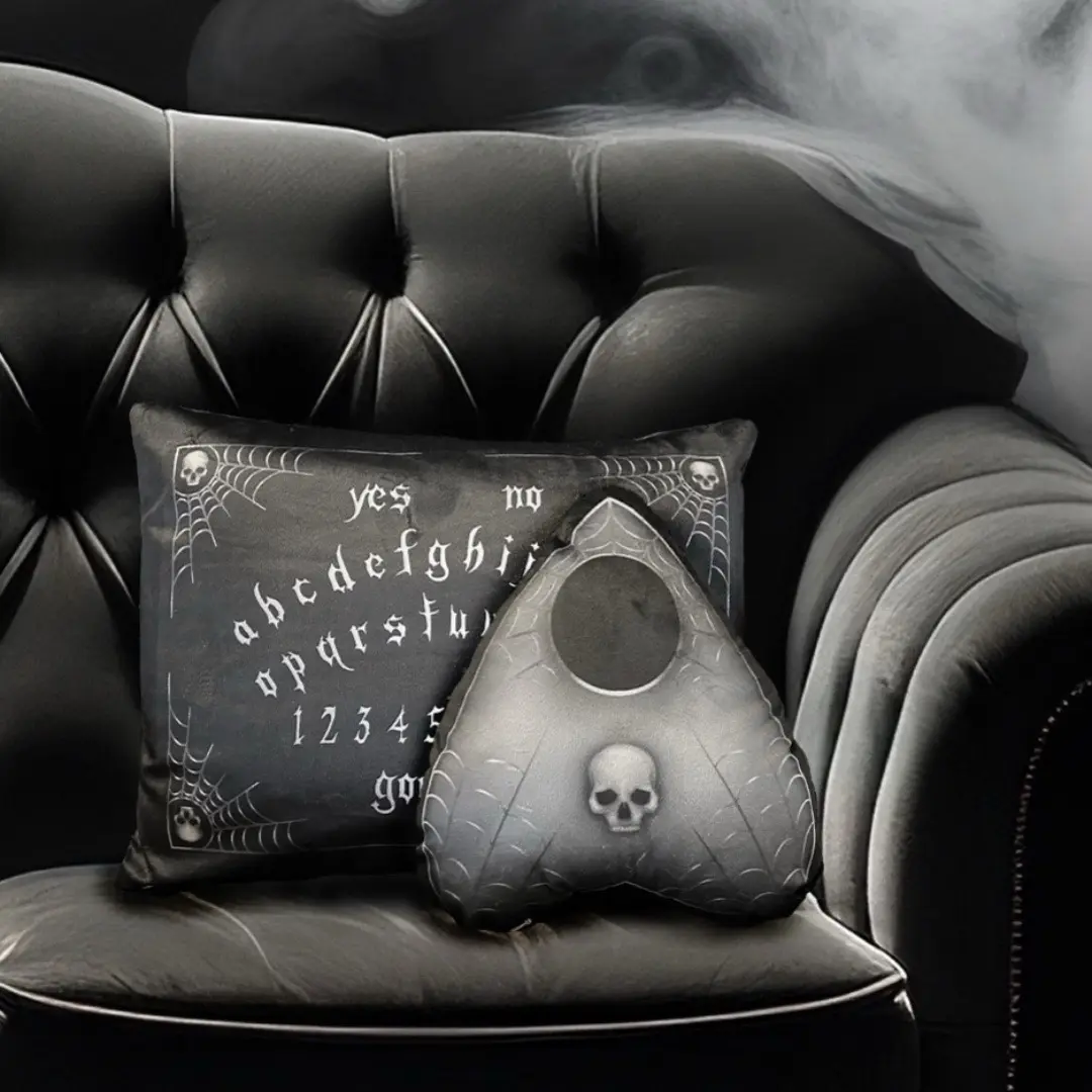 Black & Grey Ouija Board Pillow Set - 12x16 Inch Rectangular Ouija Board with Skull and Spiderweb Design, Pre-Stuffed, Set of Two