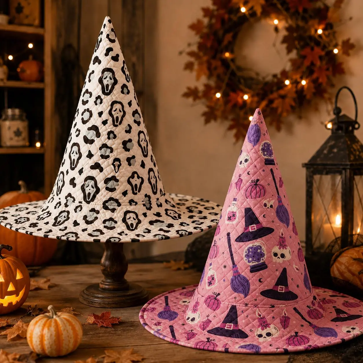 Retro Quilted Witch Hat, Vintage Halloween Patchwork Hat, Spooky Horror Costume Accessory, Pink Witch Party Hat