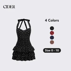 Cider Halter Mini Dress with Ruched Detail – Polka Dot Layered Dress for Women， Flattering Fit Hides Tummy， Perfect for Date Nights & Spring Parties