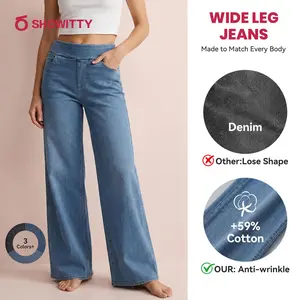 [Size Up] SHOWITTY Women's Wide-Leg High Waisted Straight Leg Jeans/ Crossover Flared Jeans with Pockets - Soft Cotton Pants #Summervibes