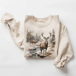 Retro Deer Wilderness Scene Unisex Sweater, Vintage Buck And Doe Deer Outfits, Boho Unisex Crewneck Shirt