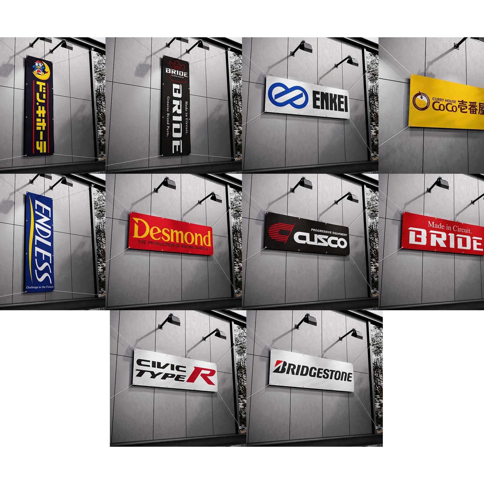 Bride Enkei Cusco Endless Desmond Bridgestone Civic Type R JDM Flag Banner, Japanese Racing Car Garage Wall Decor, Durable Polyester Hanging Sign for Auto Shop, Man Cave, Workshop, Motorsports Event and Car Enthusiast Gift