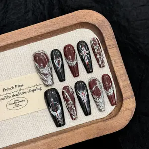 Dark long trapezoid Hand Drawn Graffiti Design Nails 10PCS, Handmade Press On Nails for Woman,  Reusable Fake Nails for Christmas and Halloween