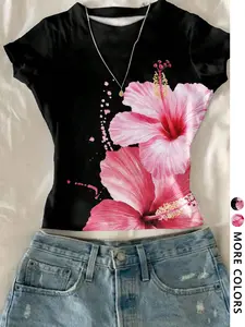 Women's T-Shirt Top with Flower Design, Love Short Sleeve Campus Fashion, Fresh Youth Casual Retro Minimalist Style
