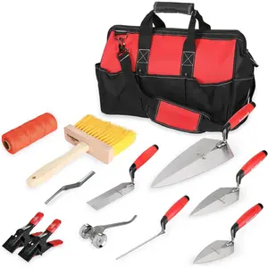 12 count Masonry Hand Tool Set Organized in Tool Bag - Philadelphia/Pointing/Margin/Tuck Pointing Trowel, Skate Wheel Joint Raker, Convex Brick Jointer, String Line & Jag-clamp, Masonry Brush