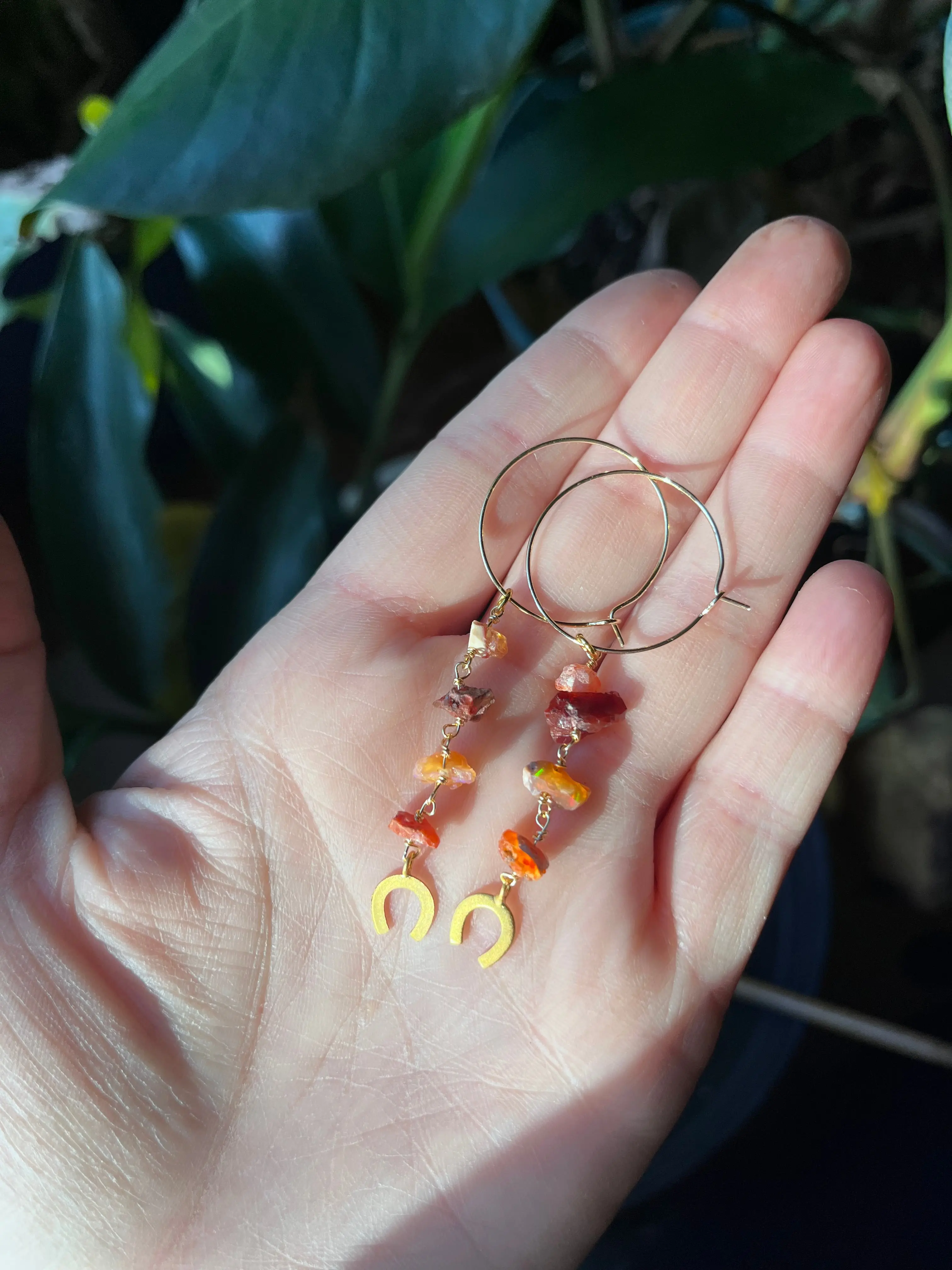 Fire Opal hoop earrings, Mexican Fire Opal, opal jewelry, lucky charm jewelry, horseshoe, horse girl, good luck charms, fire opal earrings