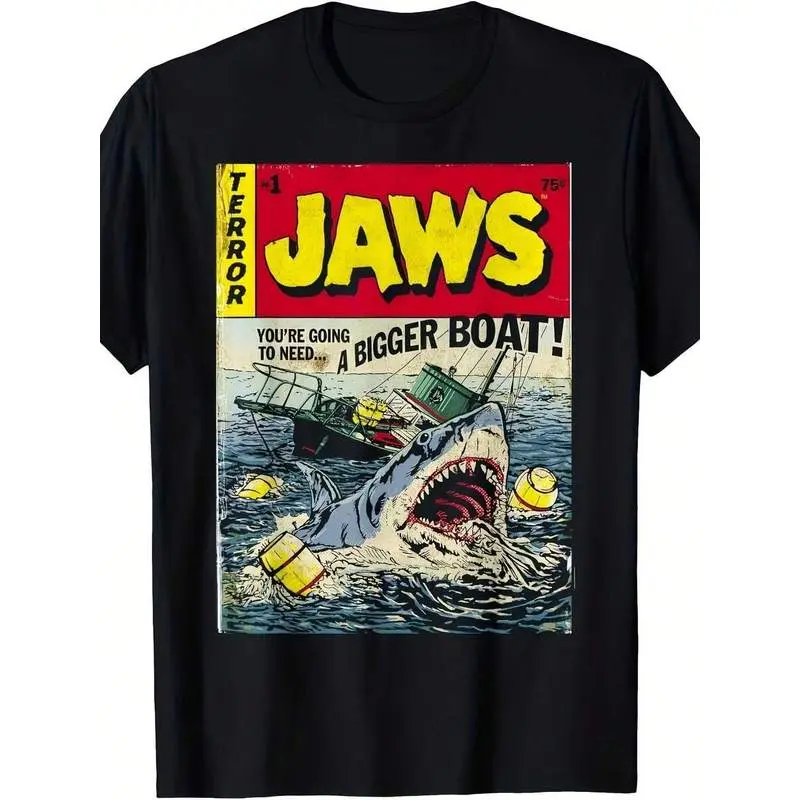 Jaws Men's Retro Comic Book Shark Pattern T-Shirt – Designed For Comfort, Perfect For Casual Occasions Or Outdoor Adventures – Great Gift