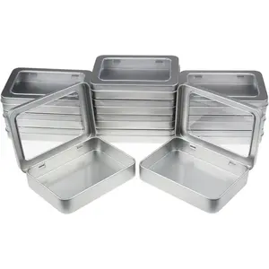 12 Pack Empty Rectangular Metal Storage Organizer Tins with Clear Window Hinged Lids for Small Items and Other Craft Projects, 4.5 x 3.3 x 0.9 inch ()