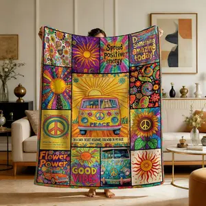 Comfortable Hippie Peace Bus Print Flannel Blanket, Soft Warm Anti-Pilling, Ideal for Nap, Camping, Travel, All Seasons Gift