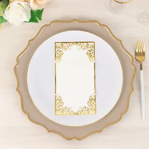 50-Pack Paper Dinner Napkins 8"x4" White with Gold Foil Lace Design - Soft 2 Ply European Style Napkins