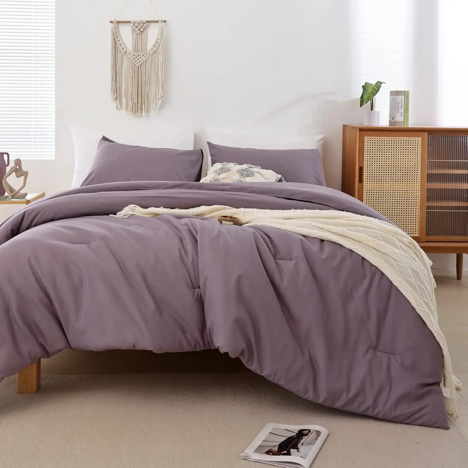 California King Comforter Dusty Purple, 3pcs (1 Boho Cal King Comforter  2 Pillowcases) Bedspread Quilt