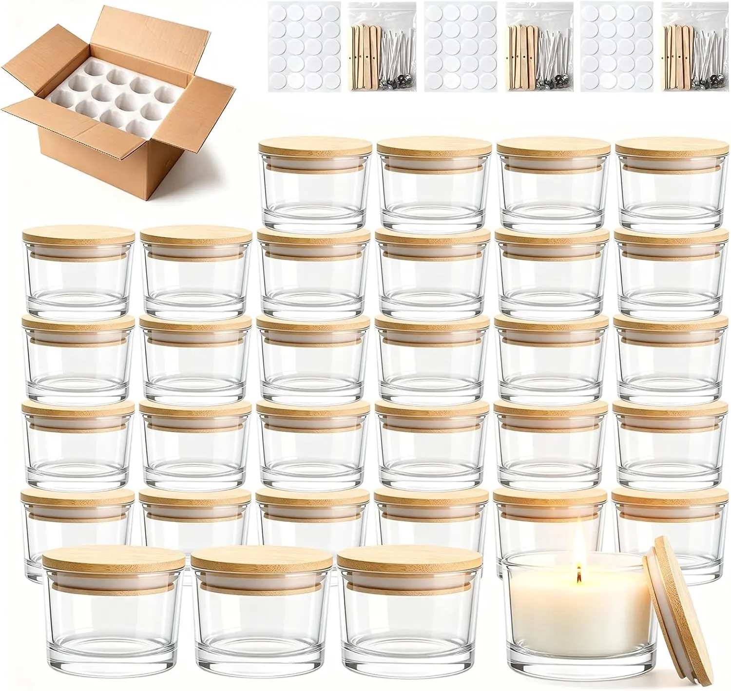 36-Pack 4oz Clear Thick Glass Wide-Mouth Empty Candle Jars for Making Candles Bulk with Bamboo Lids & Wick Kits, Multi-layer Foam Package, Dishwasher Safe Candle Containers