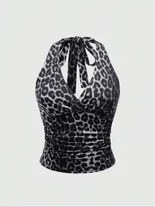 Trendy Leopard Print Halter Top, Backless Sleeveless Top, Casual Summer Fall Fashion, Perfect for Daily Wear & Stylish, Must-Have Women's Clothing