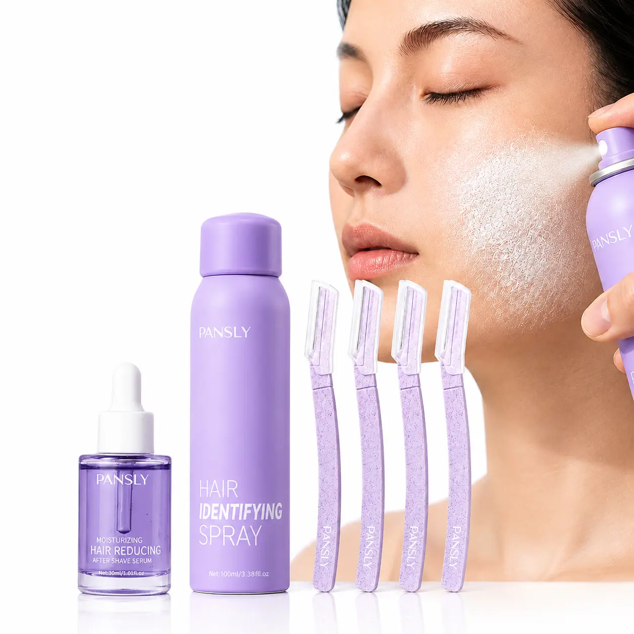 Women's Smooth Gentle Shave Dermaplaning Kit - 6-Piece Facial Trimming Hair Depilatories System with Hair Identifying Spray, 4 Razors & Moisturizing Serum for All Bright, Sensitive Skin