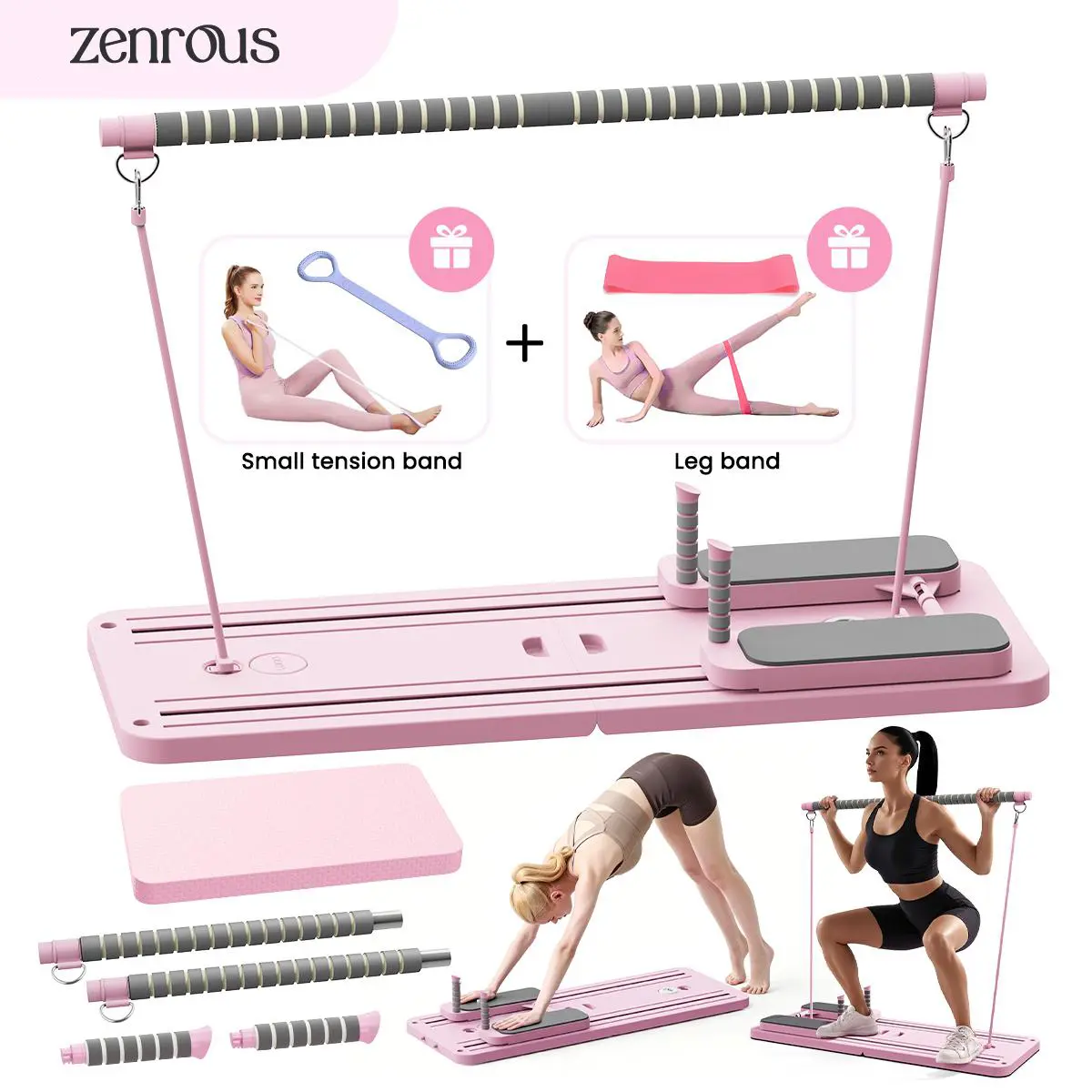 4.0 New Upgrade ZENROUS Pilates Board with Pilates Bar, Multi-functional Ab Exercise Board, Foldable Home Pilates Reformer, Maximum Load 300 lbs Fitness Board with Kneeling Pad and Timer, Abs Workout Equipment for Abdominal
