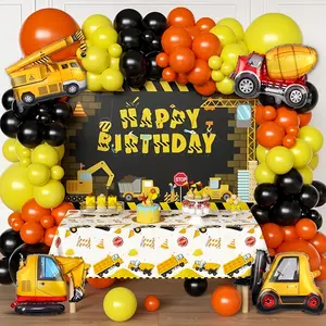 Construction Themed Balloon Garland Arch kit Includes Yellow, Black And Orange Balloon Forklift, Crane, Cement Truck, Excavator Foil Balloons For Birthday Parties