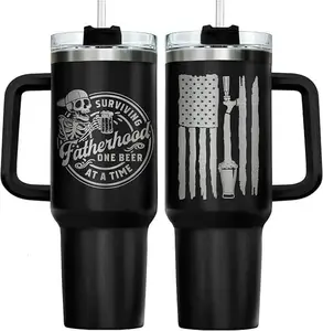 Fatherhood Beer Tumbler 40oz with Handle and Straw - Surviving Dad One Beer at a Time Insulated Travel Coffee Mug - Funny Daddy Gift for Father's Day Birthday Grandpa Men