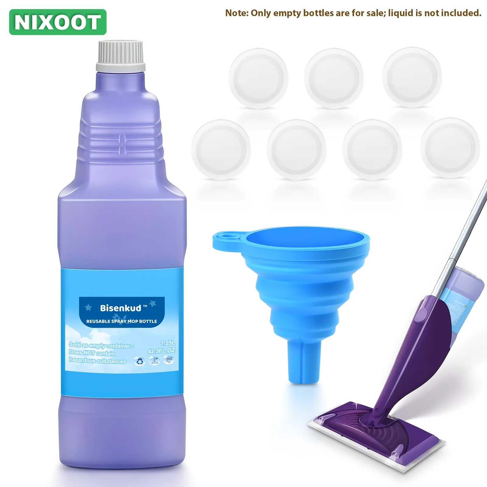 Durable Refillable Replacement Bottle for Wet Jet Mop, 1250ml/42oz Empty Leak-Proof HDPE Cleaner Solution Bottle, Includes 7 Gaskets & 1 Foldable Funnel, Not Compatible with Electric Mops