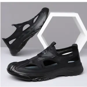 Men's Slip-On Hooded Breathable Slides, Hollowed-Out Mesh Footwear, Lightweight Outdoor Leisure & Beach Shoes